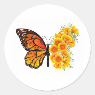 Blume Butterfly mit gelbem Kalifornien-Mohn Runder Aufkleber