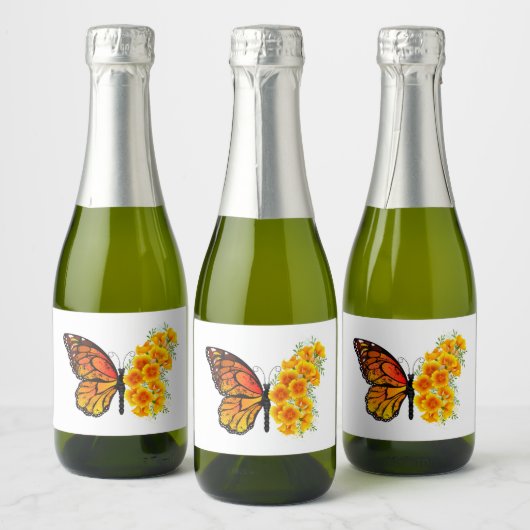 Blume Butterfly mit gelbem Kalifornien-Mohn Schaumweinetikett (Flaschen)