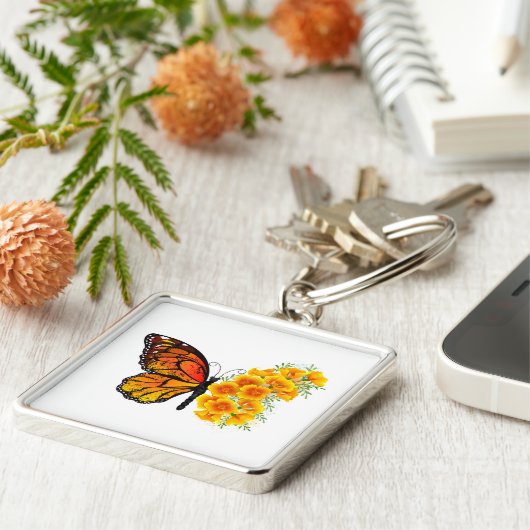 Blume Butterfly mit gelbem Kalifornien-Mohn Schlüsselanhänger (Seite)