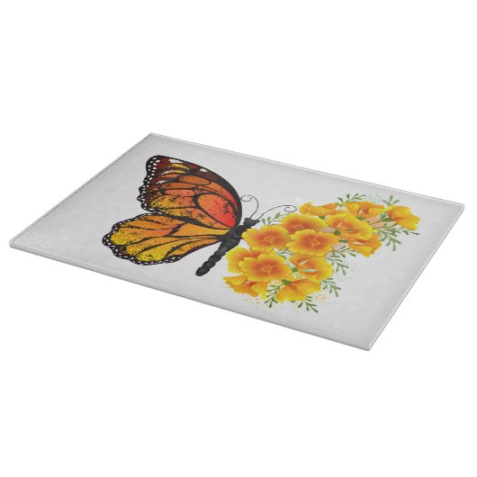 Blume Butterfly mit gelbem Kalifornien-Mohn Schneidebrett (Ecke)