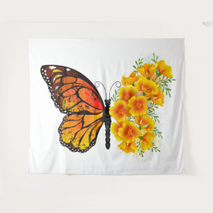 Blume Butterfly mit gelbem Kalifornien-Mohn Wandteppich