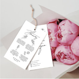 Blume Care hält Floristenkarte mit Logo fest