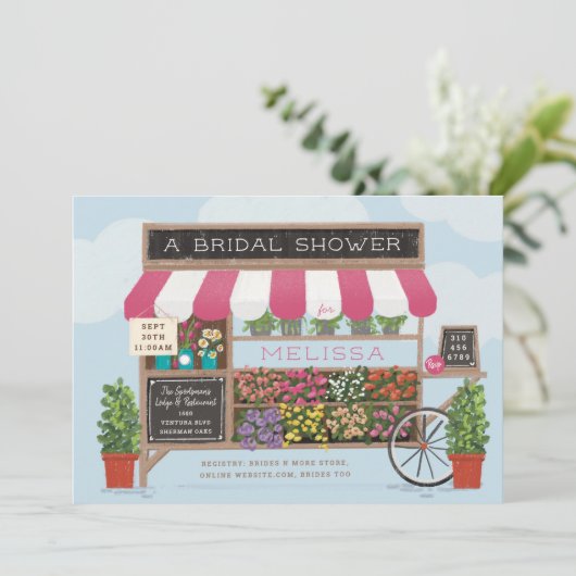 Blume Cart Farmer's Market Brautparty Einladung (Stehend Vorderseite)