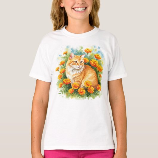 Blume Cat Happy Marigold Orange T - Shirt (Vorderseite)