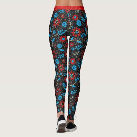 Blume Chic Muster Red Gold Blue Black Glitzer Leggings (Rückseite)