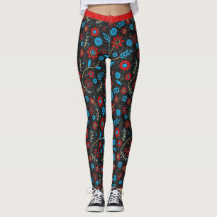 Blume Chic Muster Red Gold Blue Black Glitzer Leggings