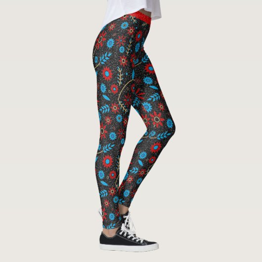 Blume Chic Muster Red Gold Blue Black Glitzer Leggings (Rechts)