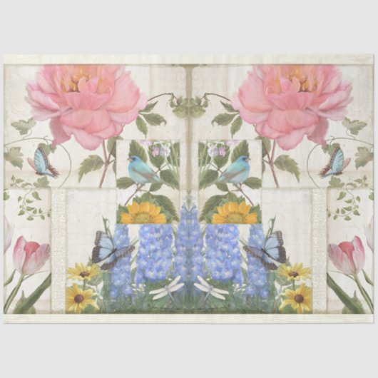 Blume Collage Blue Pink Butterfly Bird Decoupage Seidenpapier (Vorderseite)