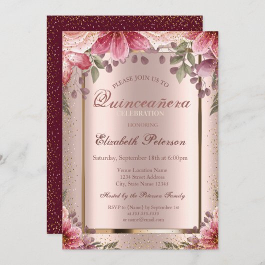 Blume Confetti Rose Gold, Burgund Quinceañera Einladung (Vorne/Hinten)