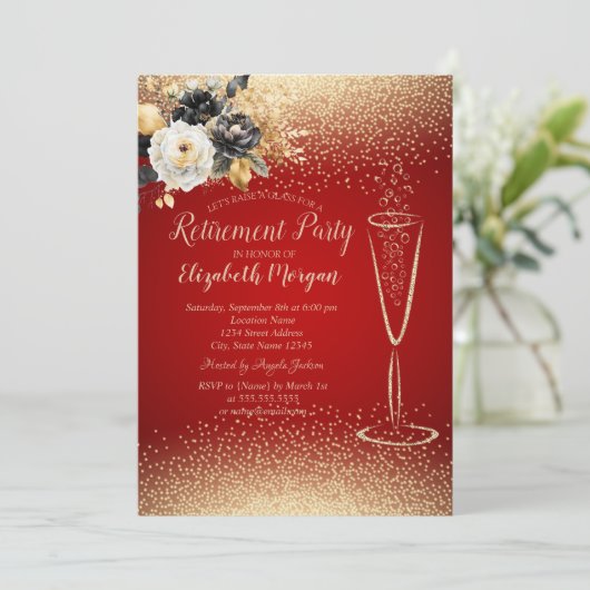 Blume Confetti Weinglas Rote Rente Einladung (Stehend Vorderseite)