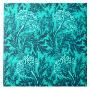 Blume Damask, Türkis und Aquamarin Blau Fliese