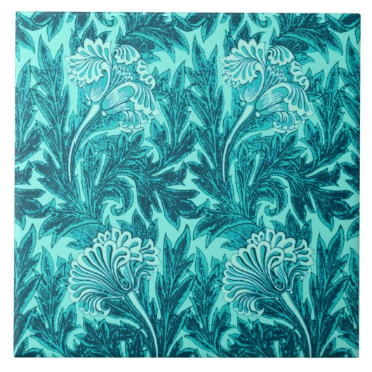Blume Damask, Türkis und Aquamarin Blau Fliese (Vorderseite)