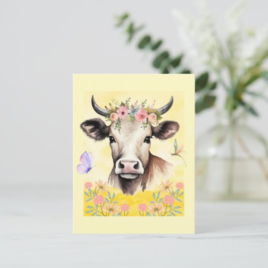 Blume der Aquarellkühe auf einer Wiese Postkarte (Stehend Vorderseite)