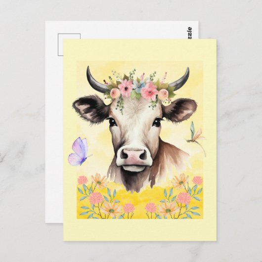Blume der Aquarellkühe auf einer Wiese Postkarte (Vorne/Hinten)