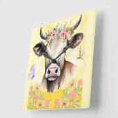Blume der Aquarellkühe auf einer Wiese Quadratische Wanduhr (Winkel)