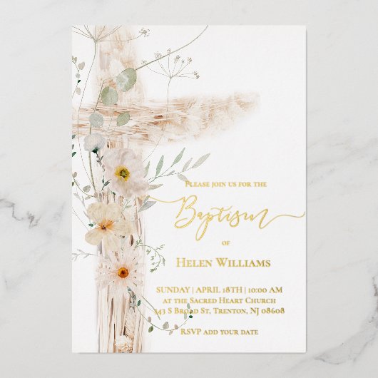 Blume der Aquarellwiese überqueren Taufe Folieneinladung (Vorderseite)