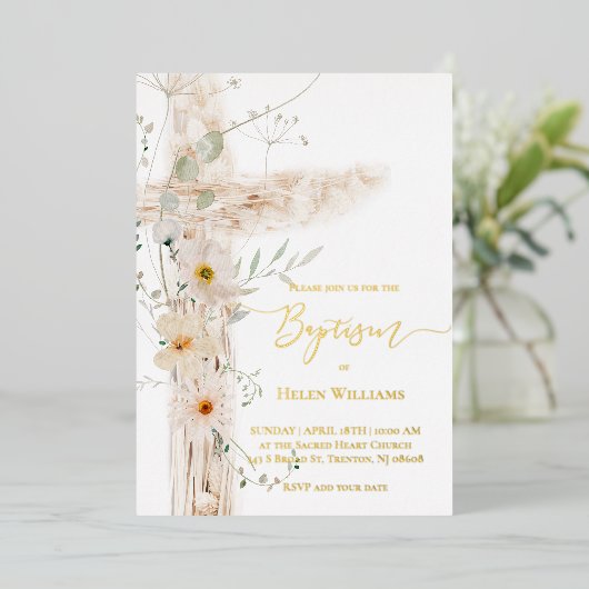 Blume der Aquarellwiese überqueren Taufe Folieneinladung (Stehend vorne)