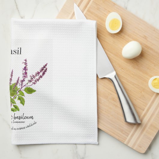 Blume der botanischen Basilika-Pflanze und Text Geschirrtuch (Viertel Falte)