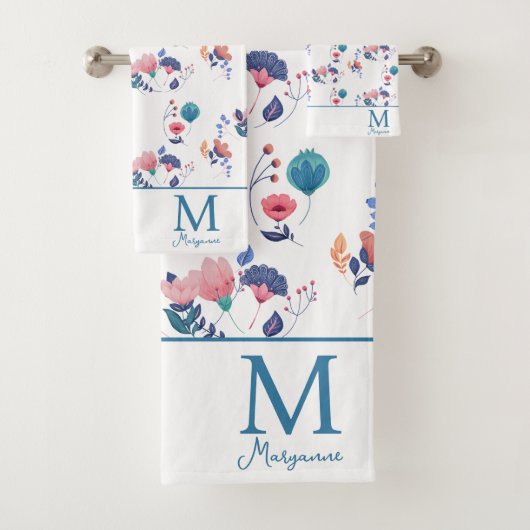 Blume der farbenfrohen Folk Art Monogram Badhandtuch Set (Insitu)