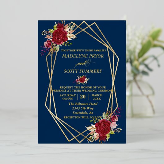 Blume der geometrischen Rahmen Burgundy Folieneinladung (Stehend vorne)