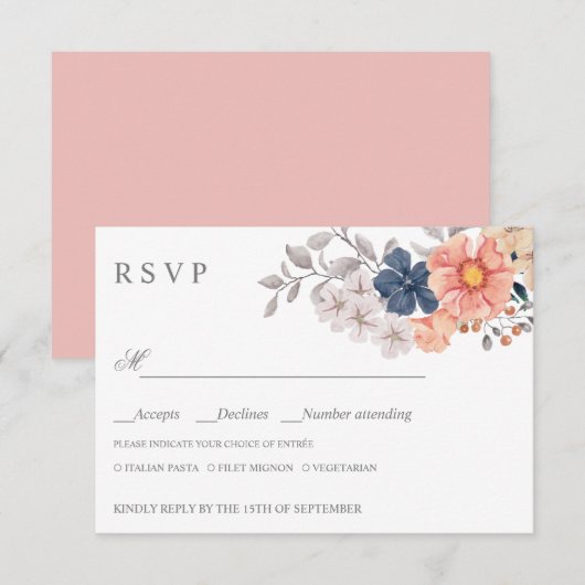 Blume der Korallenflotte WEDING RSVP MEAL CHOICE Karte (Vorne/Hinten)