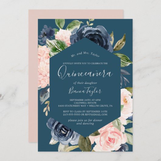 Blume der Marine | Blue Quinceañera Einladung (Vorne/Hinten)