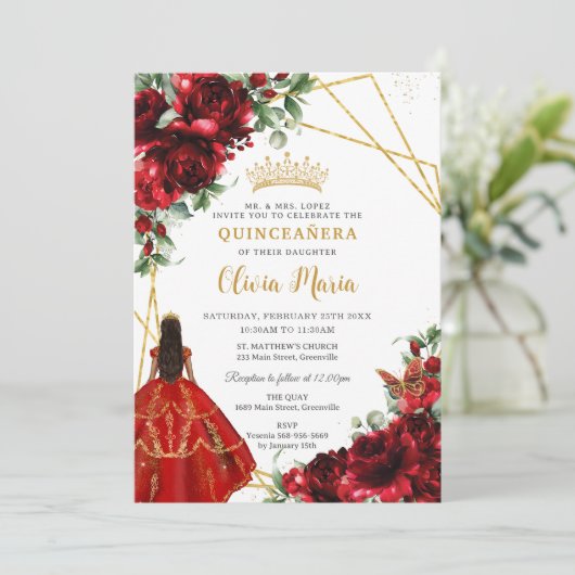 Blume der Roten Flora Prinzessin Quinceañera Einladung (Stehend Vorderseite)