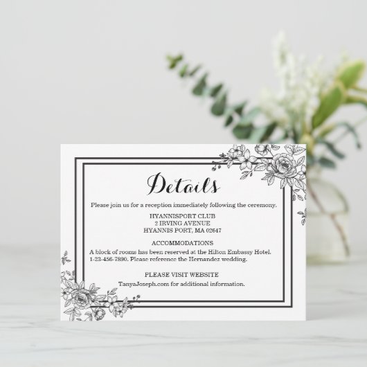 Blume der Schwarz-Weiß-Blumendetails Einladung (Stehend Vorderseite)