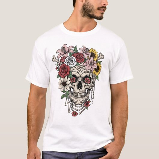 Blume der Vintagen Anatomie des Schädels T-Shirt (Vorderseite)