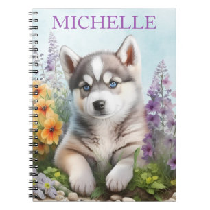 Blume der Wasserfarbe und des sibirischen Husky Notizblock