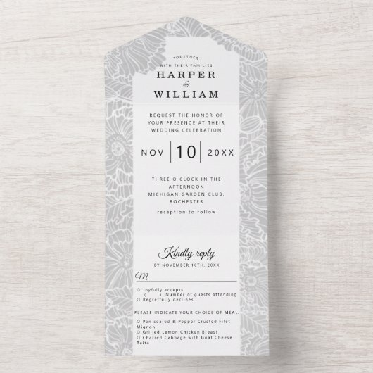 Blume der weißen Linie auf hellgrauen Hochzeiten All In One Einladung (Innen Boden)