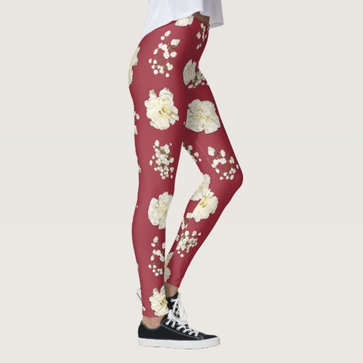 Blume der weißen Nelken auf Gemustertem Rot Leggings (Rechts)