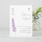 Blume des einfachen Aquarelllavenders Cross Baptis Einladung (Stehend Vorderseite)