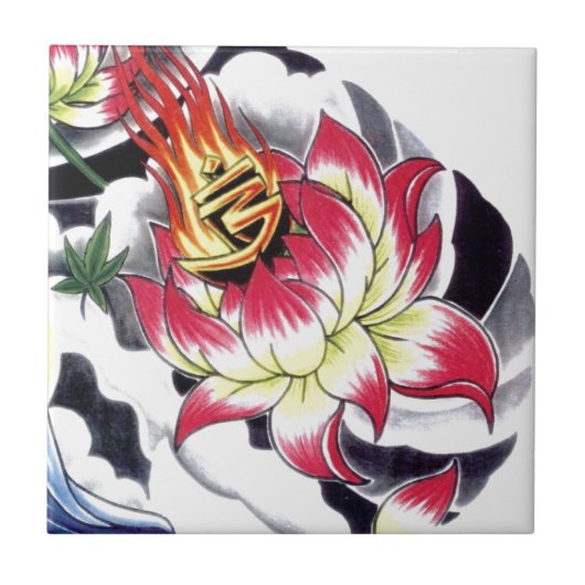 Blume des japanischen Tattoo Style Flaming Lotus Fliese (Vorderseite)