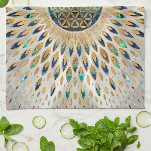 Blume des Lebens - Alleinstehende Muschel und Perl Geschirrtuch (Gefaltet)