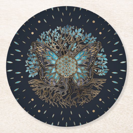 Blume des Lebens - Baum des Lebens - Schmetterling Runder Pappuntersetzer (Vorderseite)