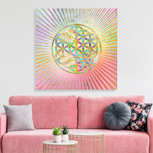 Blume des Lebens / Blume des Lebens - goldfarbig Leinwanddruck (Insitu (Wohnzimmer))