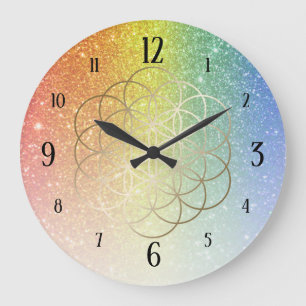 Blume des Lebens Gold auf Regenbogen Glitter Gradi Große Wanduhr