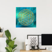 Blume des Lebens | Gold, Blaue Wellen Poster (Heimbüro)