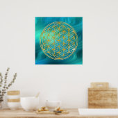 Blume des Lebens | Gold, Blaue Wellen Poster (Küche)