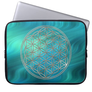 BLUME DES LEBENS - Gold + Silber + blaue Wellen Laptopschutzhülle