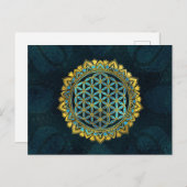 Blume des Lebens Gold und blaues Texturglas Postkarte (Vorne/Hinten)