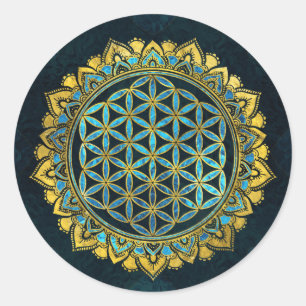Blume des Lebens Gold und blaues Texturglas Runder Aufkleber