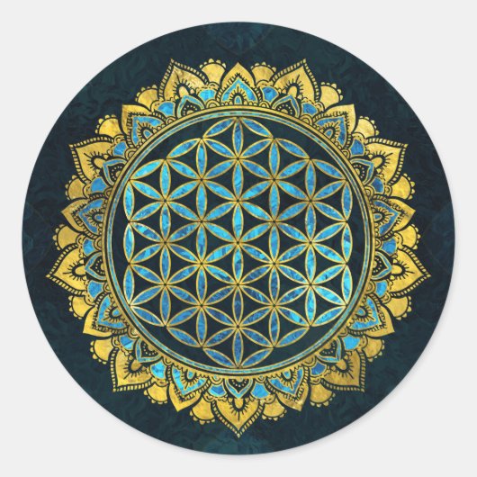 Blume des Lebens Gold und blaues Texturglas Runder Aufkleber (Vorderseite)