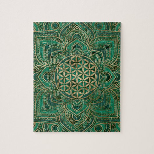 Blume des Lebens im Lotos - Malachit und Gold Puzzle (Vertikal)