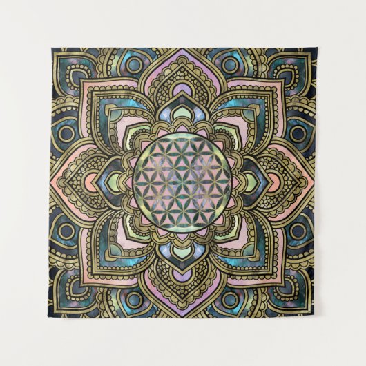 Blume des Lebens im Lotos - Marmor und Gold Wandteppich (Vorderseite (Horizontal))