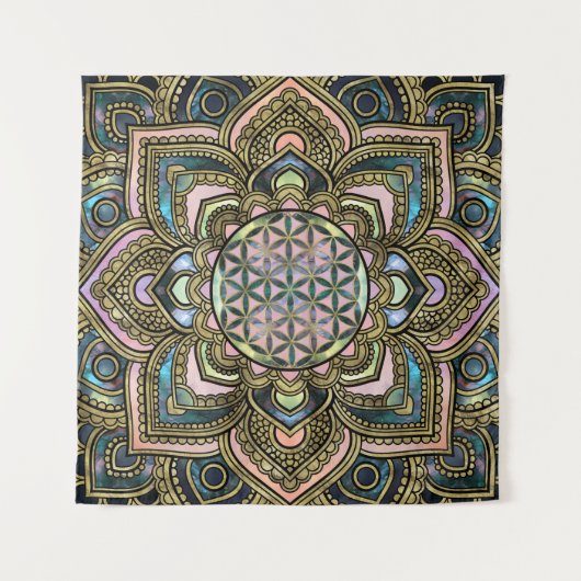 Blume des Lebens im Lotos - Marmor und Gold Wandteppich (Vorderseite)