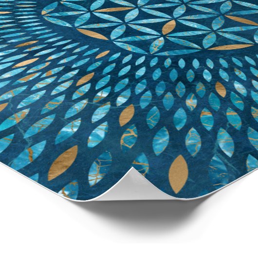 Blume des Lebens in Blütenblättern - Blauer Marmor Poster (Ecke)