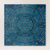 Blume des Lebens in Blütenblättern - Blauer Marmor Puzzle (Horizontal)