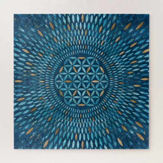 Blume des Lebens in Blütenblättern - Blauer Marmor Puzzle (Horizontal)